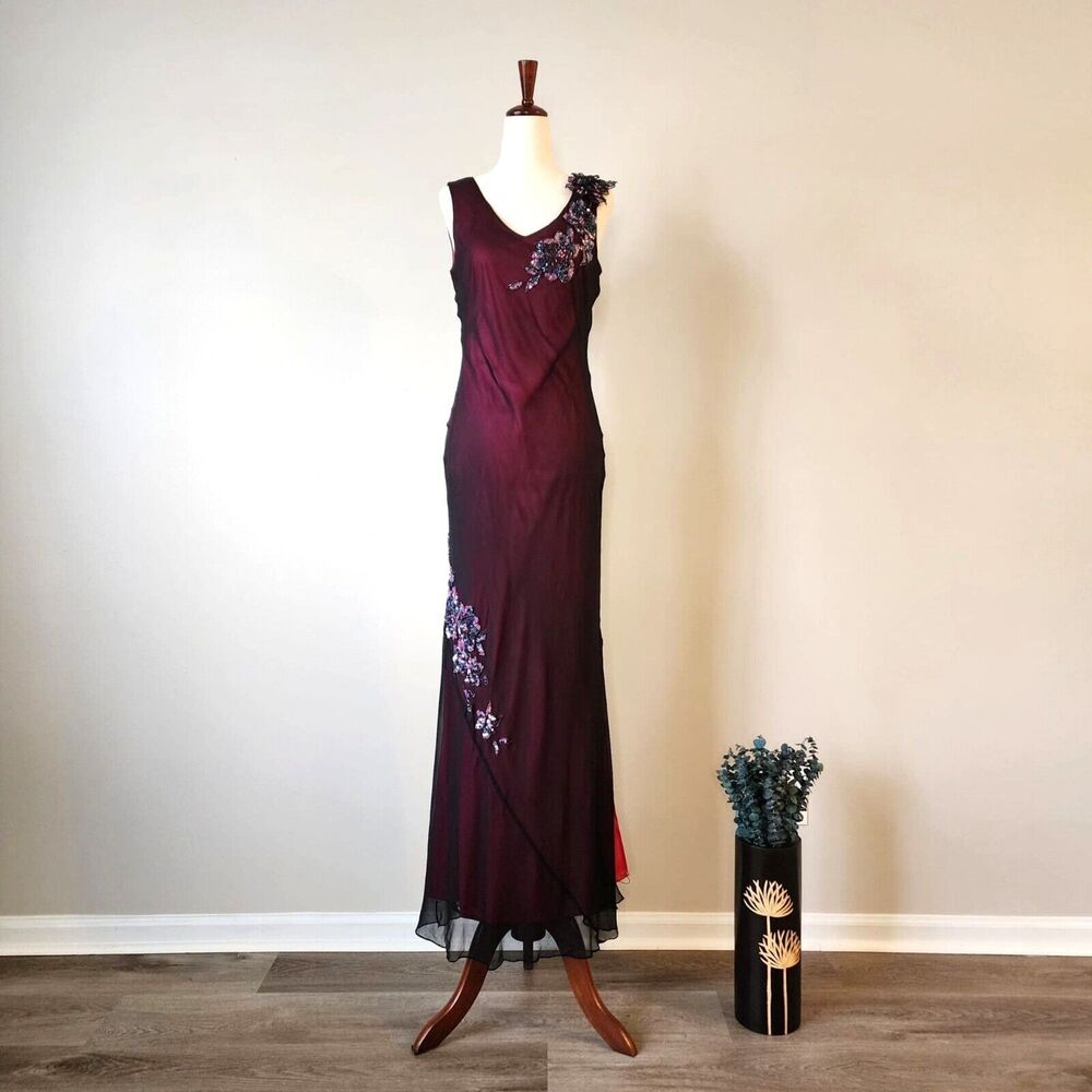 ALEX EVENINGS | Vintage Silk Maxi Dress Sz 6 Burgundy Beaded Flower Slinky Y2K